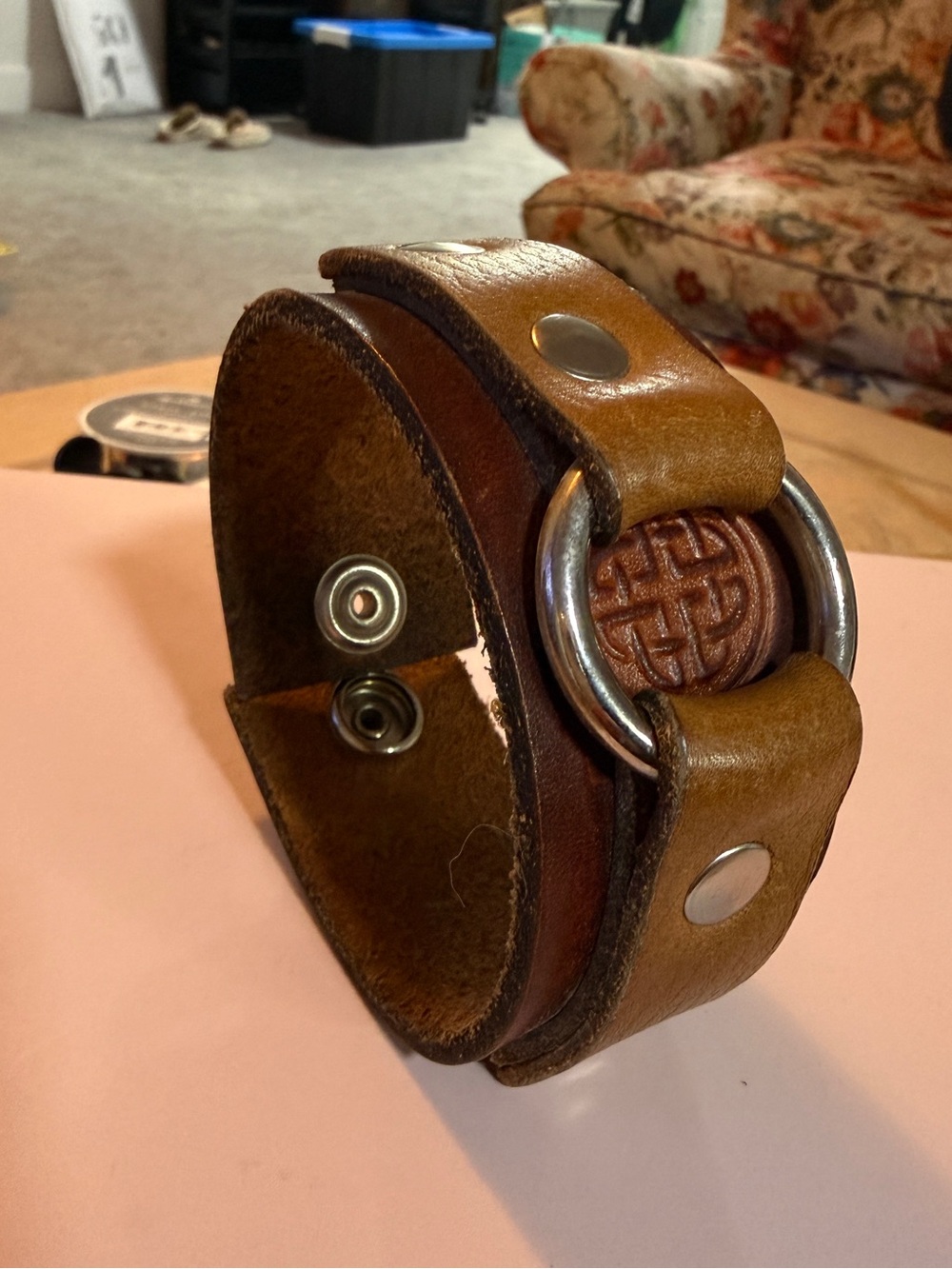 Leather Snap Bracelet with Metal Ring Accent - Brown & Tan